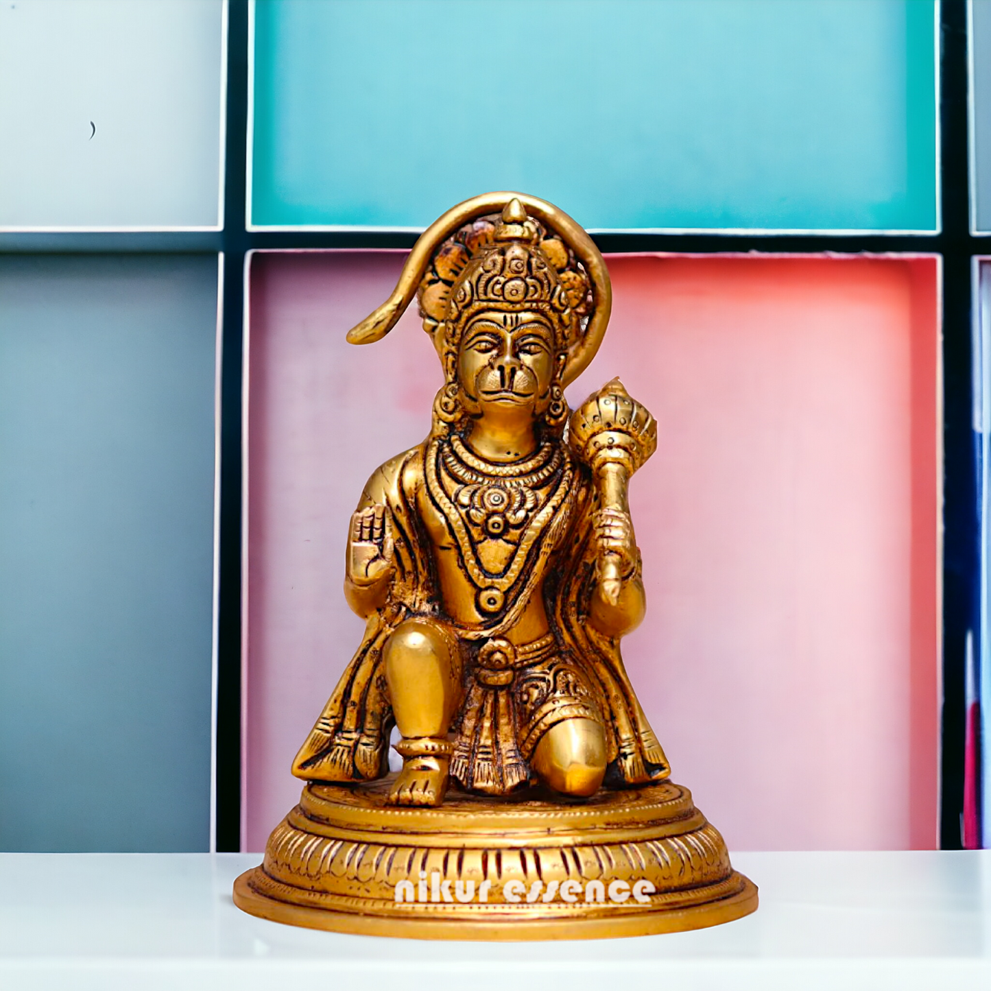 Pital Hanuman ji Bajrangbali Sitting with Gada Brass ki Murti - 7 Inches Nikuressence