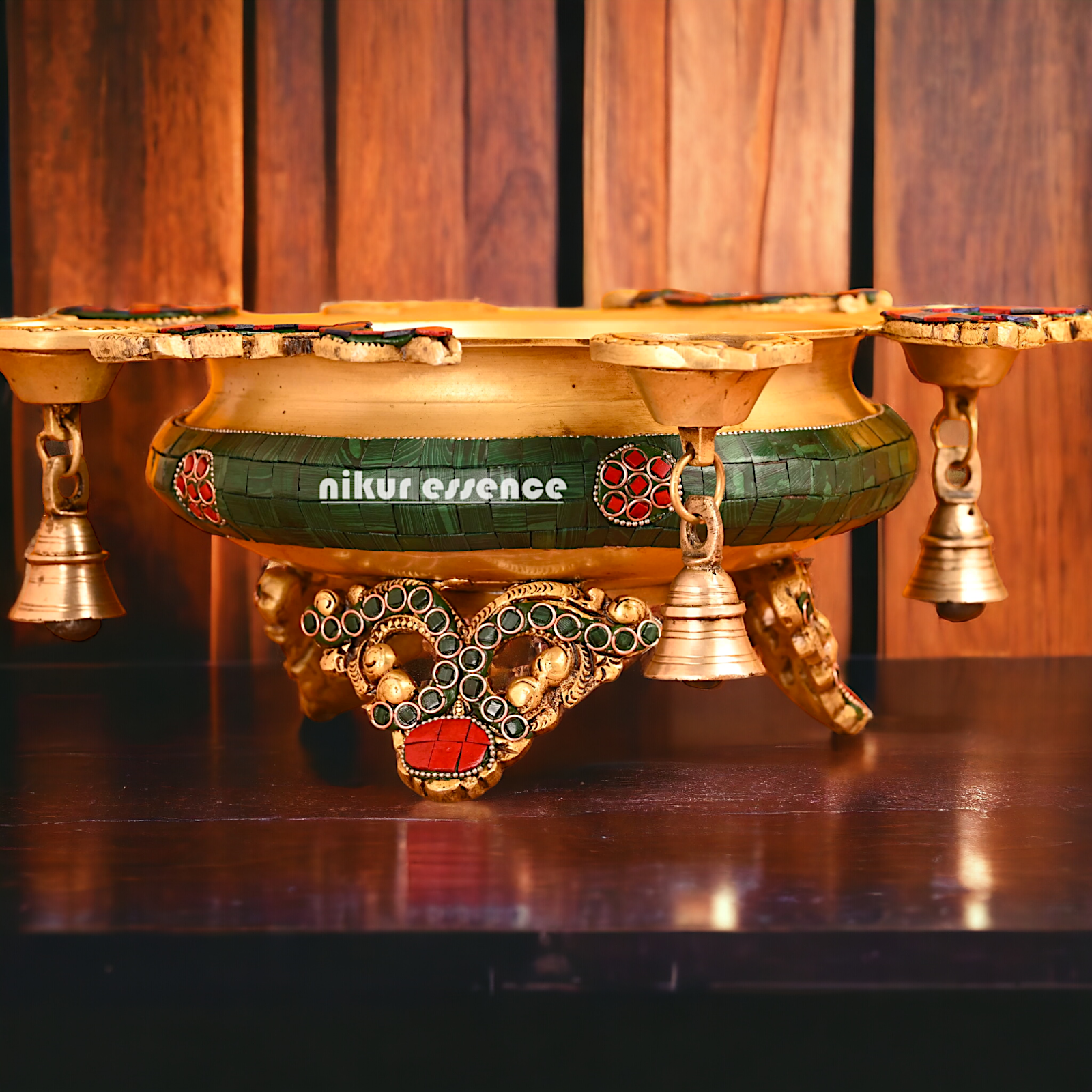 Urli Bowl with Four Diyas Brass with Stone Work - 12 inches approx Nikuressence