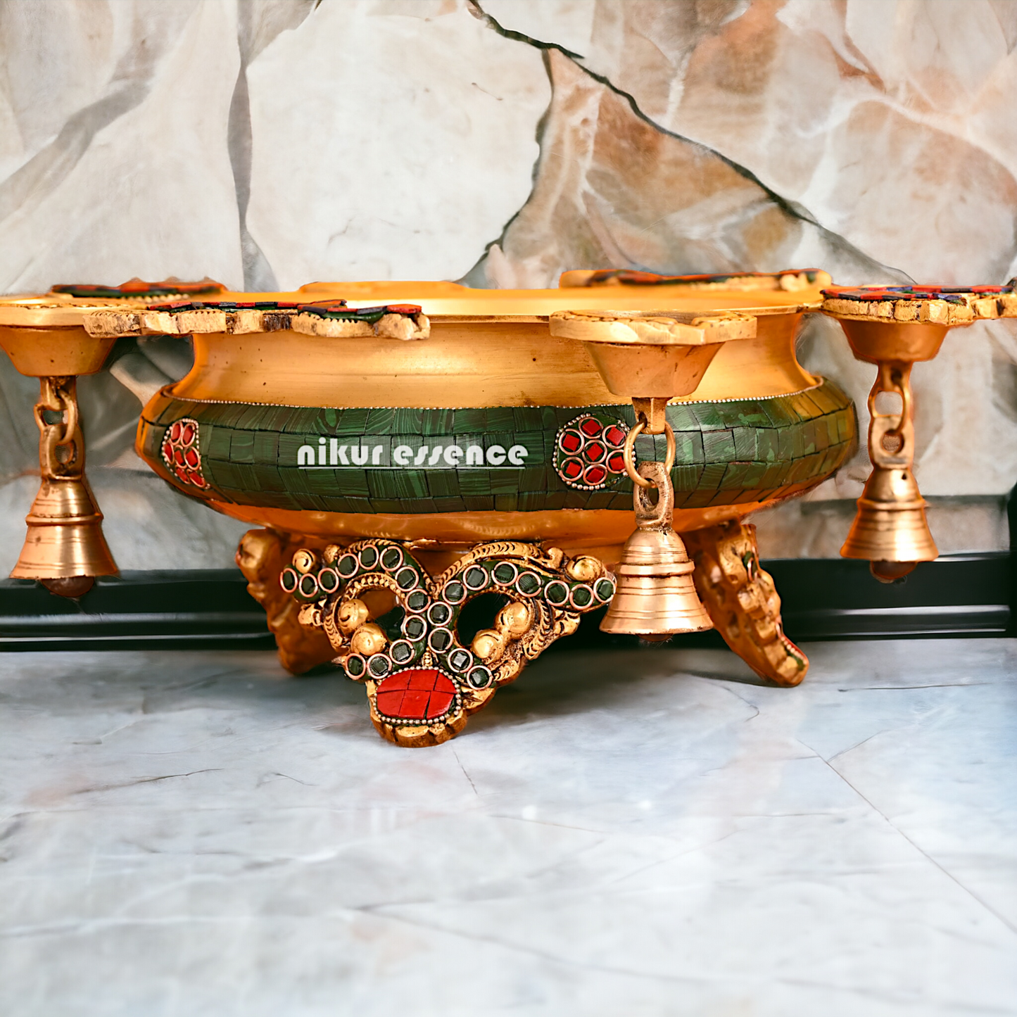 Urli Bowl with Four Diyas Brass with Stone Work - 12 inches approx Nikuressence
