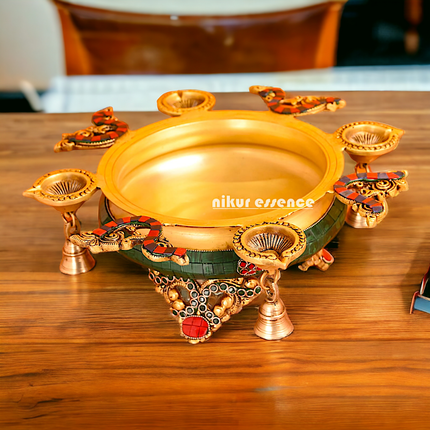 Urli Bowl with Four Diyas Brass with Stone Work - 12 inches approx Nikuressence