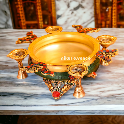 Urli Bowl with Four Diyas Brass with Stone Work - 12 inches approx Nikuressence