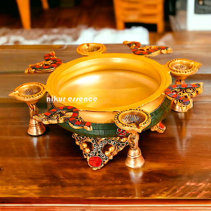 Urli Bowl with Four Diyas Brass with Stone Work - 12 inches approx Nikuressence