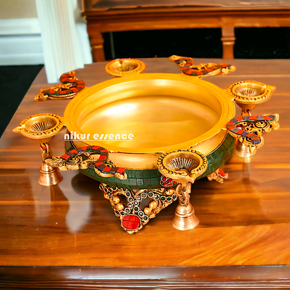 Urli Bowl with Four Diyas Brass with Stone Work - 12 inches approx Nikuressence