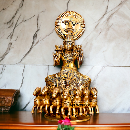 Antique Brass Surya Rath statue - 12 inches Nikuressence