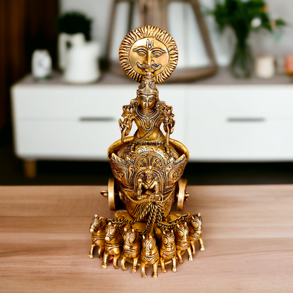 Antique Brass Surya Rath statue - 12 inches Nikuressence