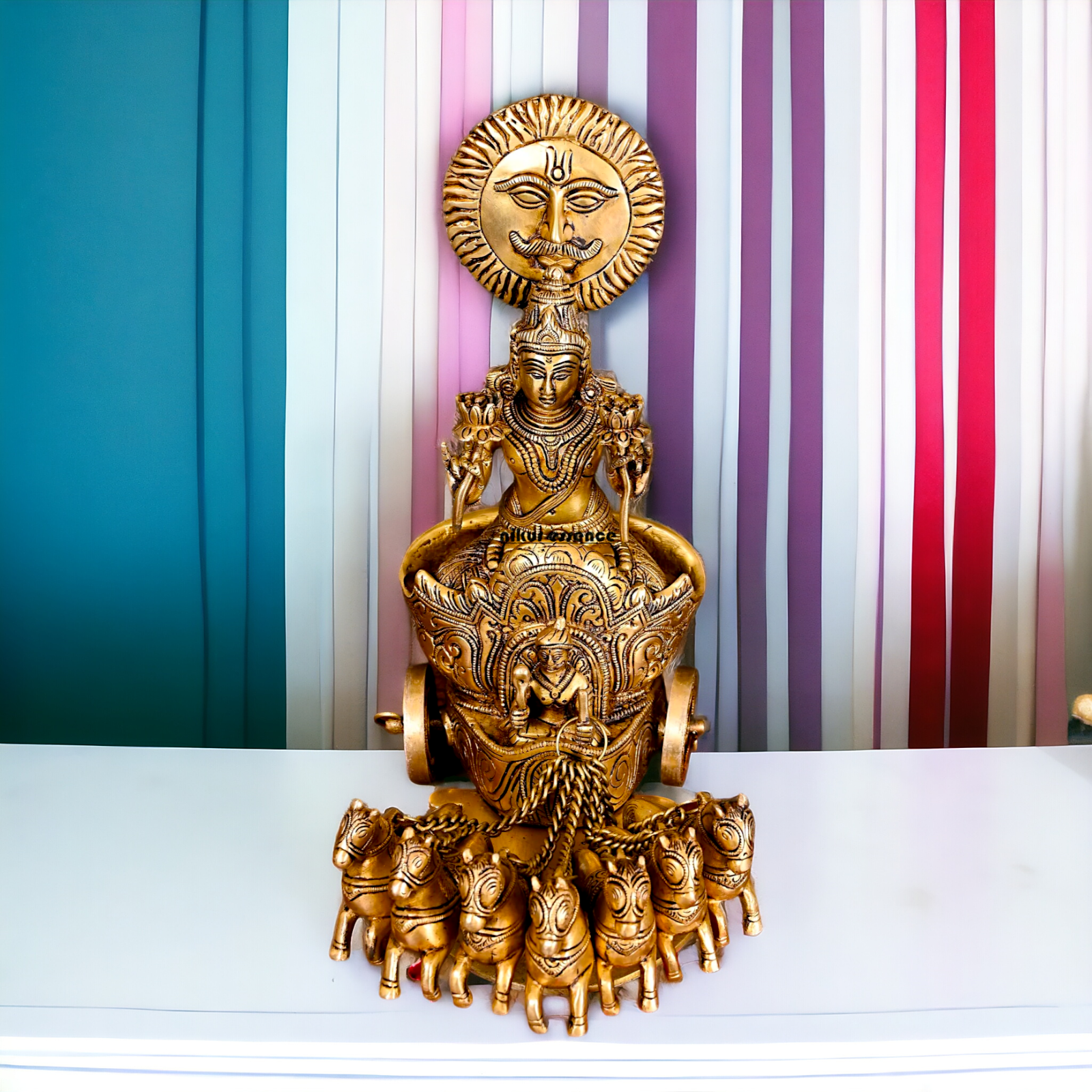 Antique Brass Surya Rath statue - 12 inches Nikuressence