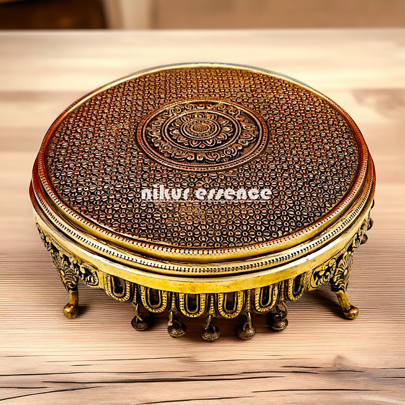 Pure Brass pedestal chowki with Bells Ghungroo - 13 Inches Nikuressence