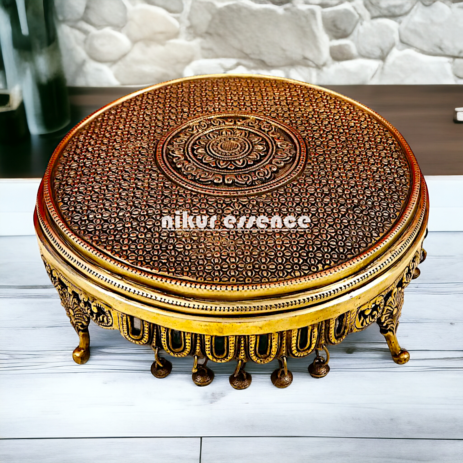 Pure Brass pedestal chowki with Bells Ghungroo - 13 Inches Nikuressence