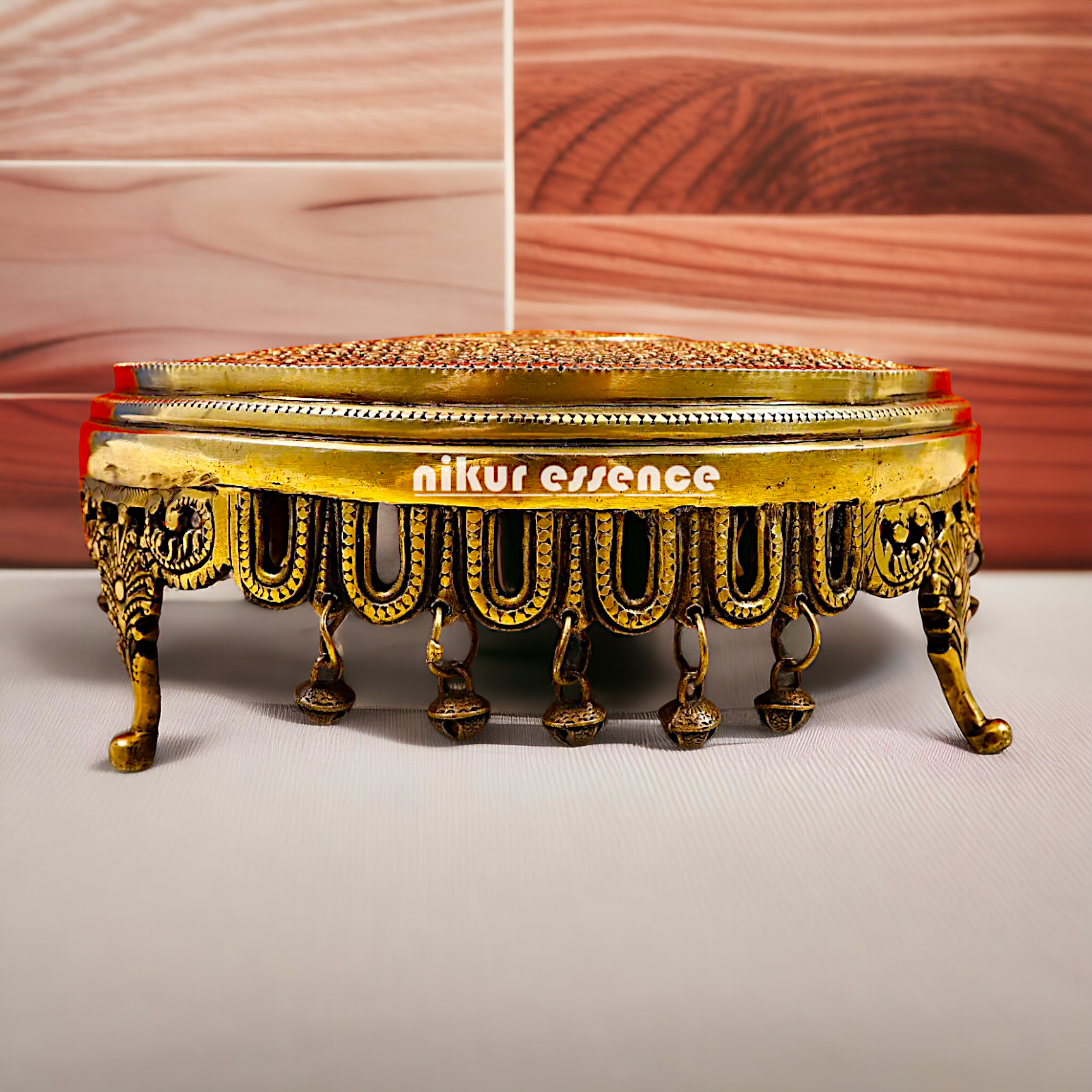 Pure Brass pedestal chowki with Bells Ghungroo - 13 Inches Nikuressence