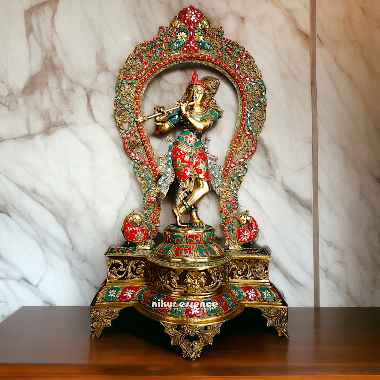 Big Krishna Murli Playing Flute Brass with Stone Work idol - 31 inches Nikuressence