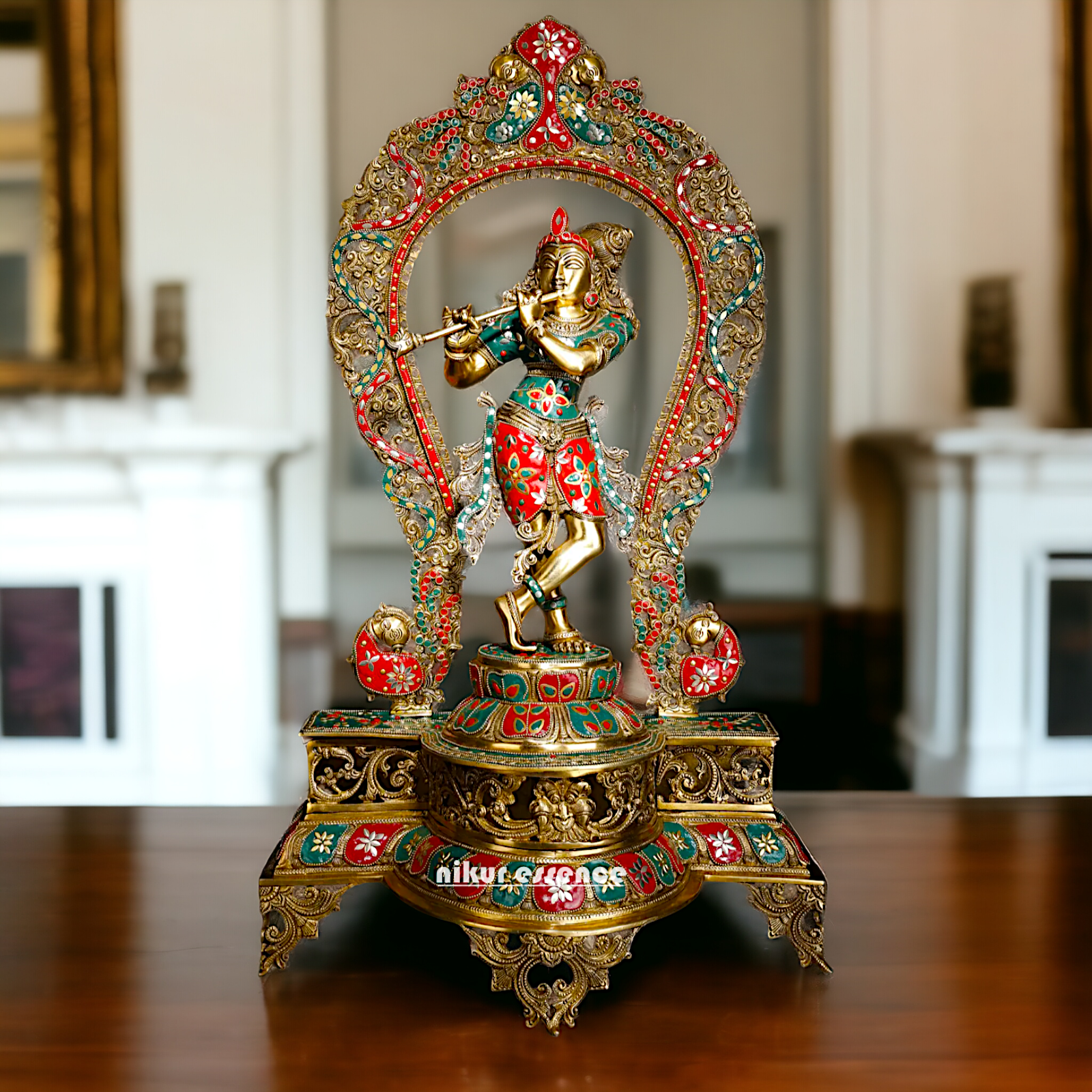 Big Krishna Murli Playing Flute Brass with Stone Work idol - 31 inches Nikuressence