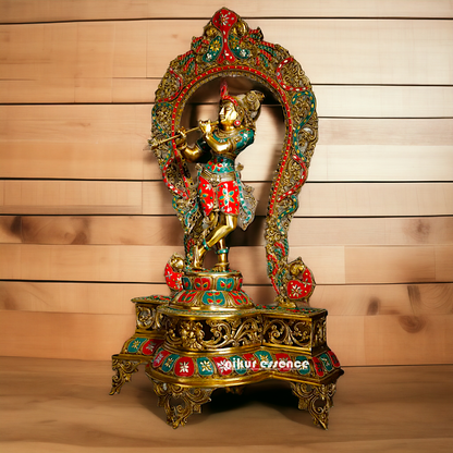 Big Krishna Murli Playing Flute Brass with Stone Work idol - 31 inches Nikuressence