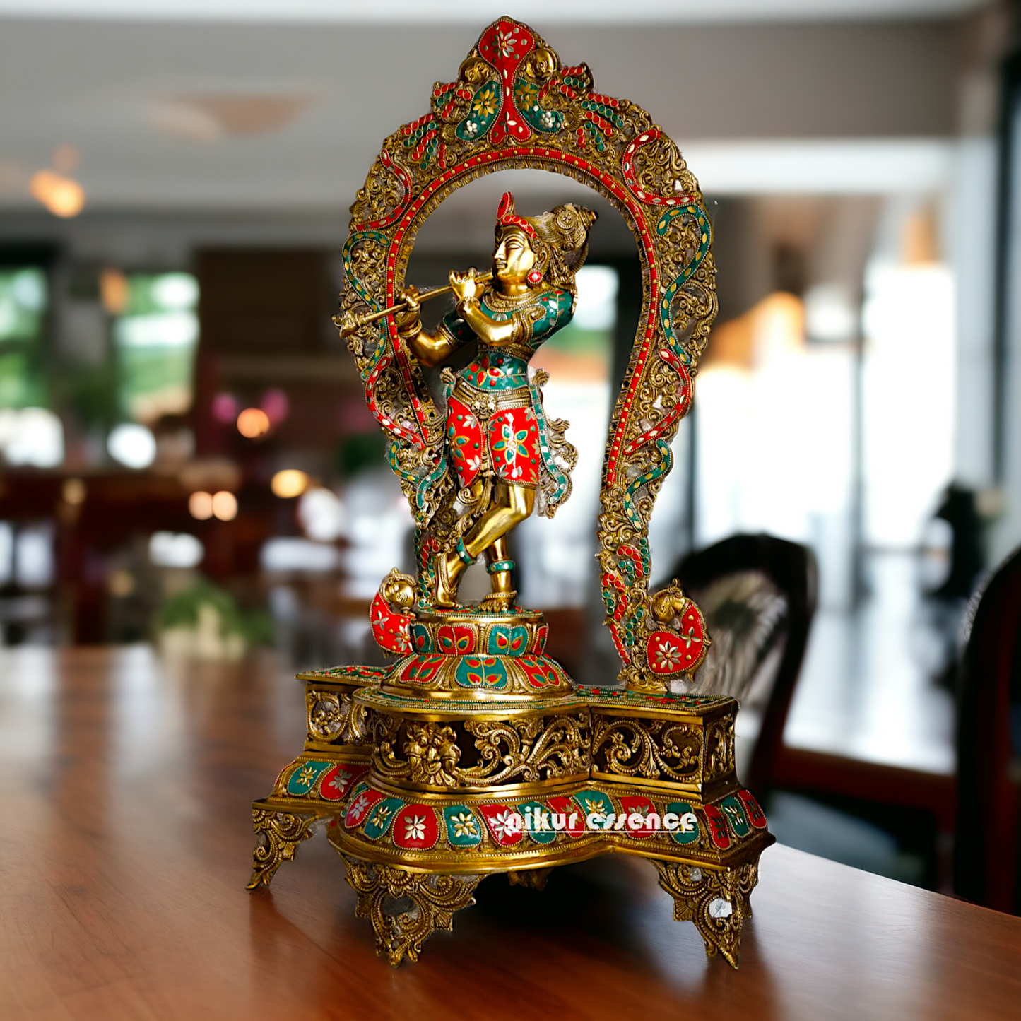 Big Krishna Murli Playing Flute Brass with Stone Work idol - 31 inches Nikuressence