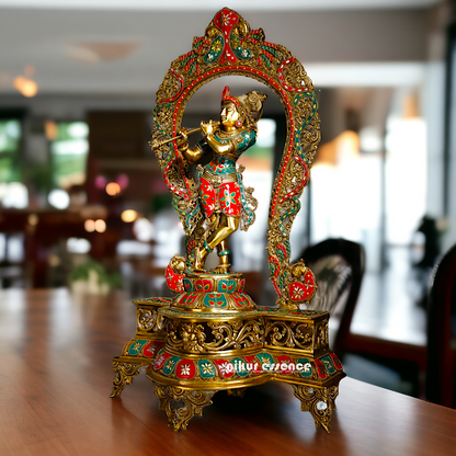 Big Krishna Murli Playing Flute Brass with Stone Work idol - 31 inches Nikuressence