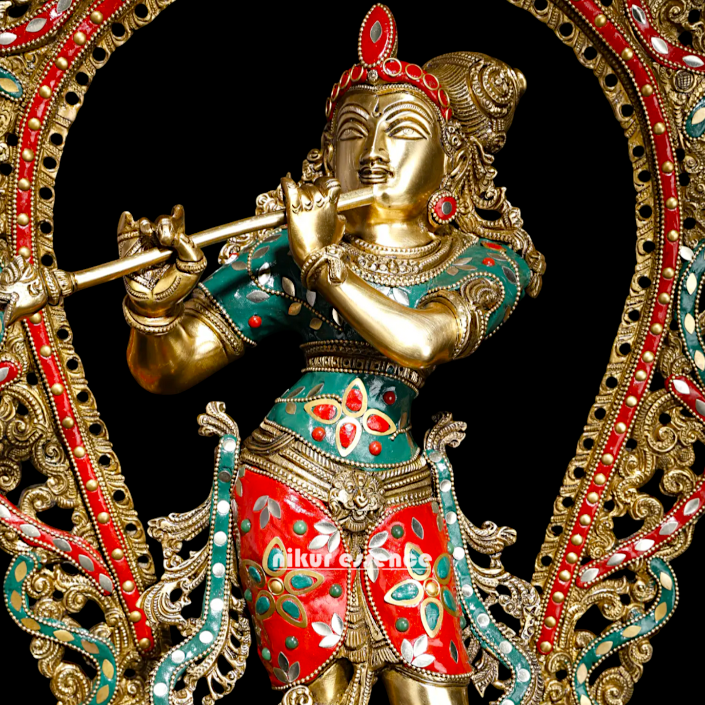 Big Krishna Murli Playing Flute Brass with Stone Work idol - 31 inches Nikuressence