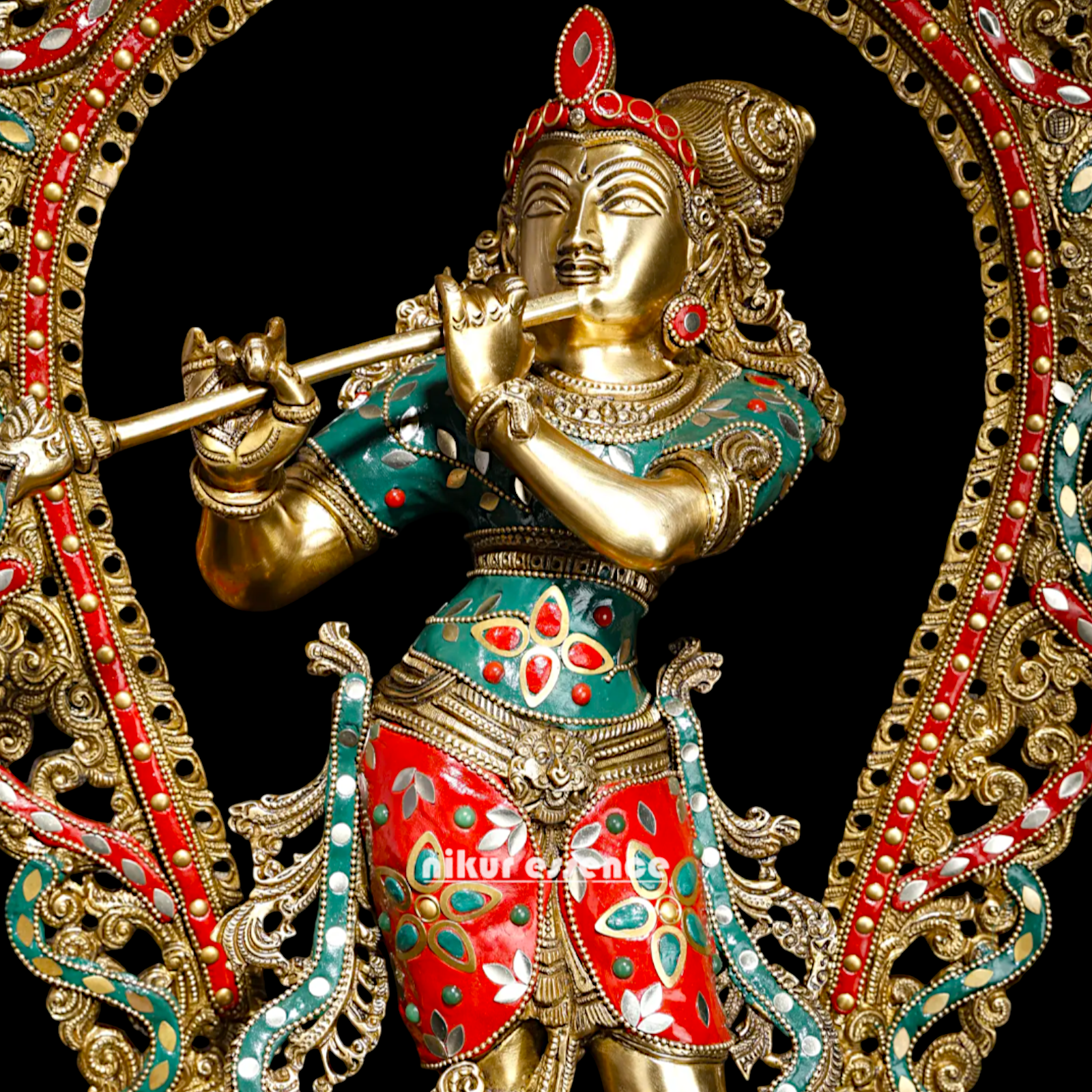Big Krishna Murli Playing Flute Brass with Stone Work idol - 31 inches Nikuressence