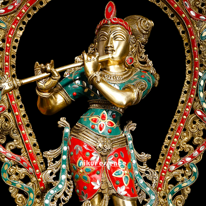 Big Krishna Murli Playing Flute Brass with Stone Work idol - 31 inches Nikuressence