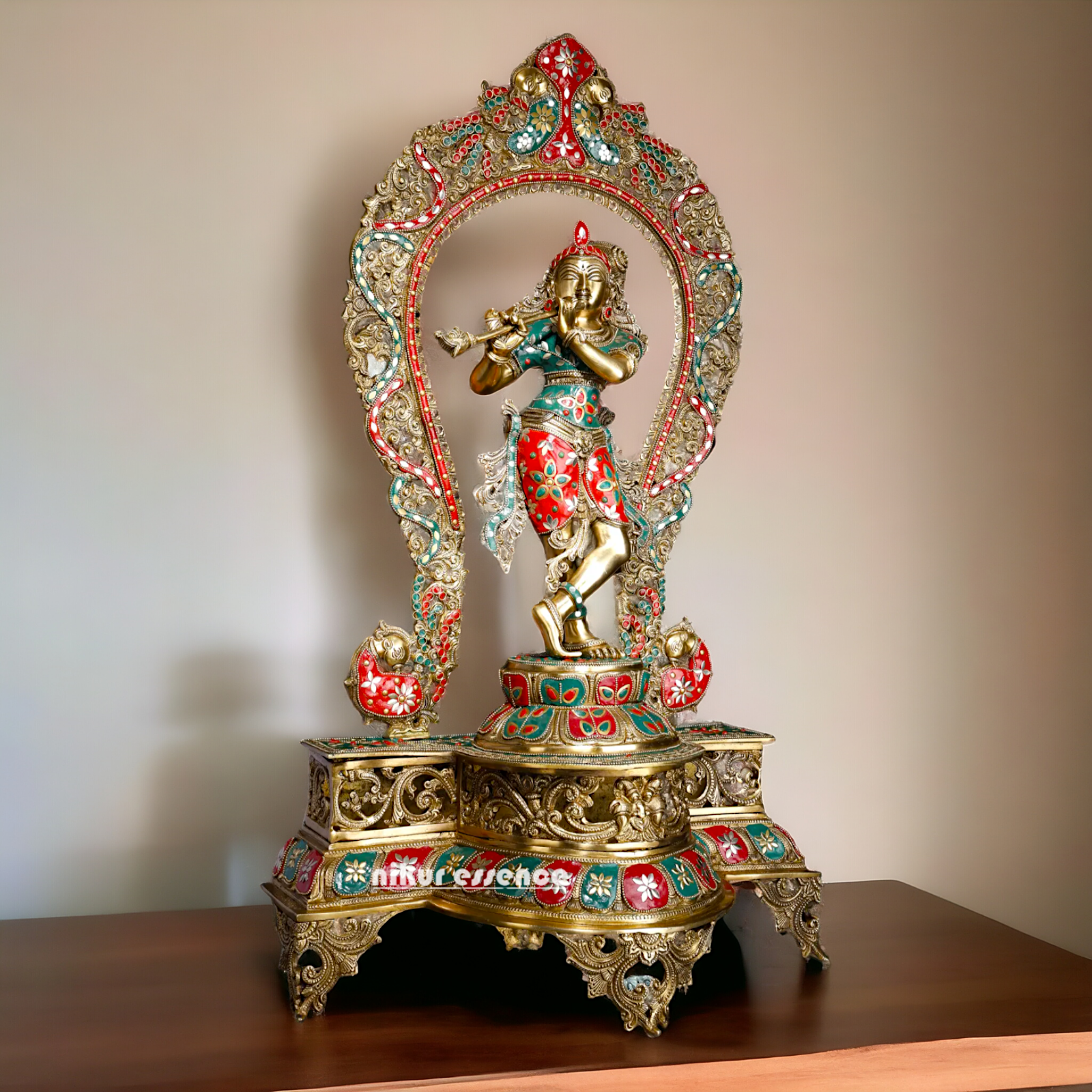 Big Krishna Murli Playing Flute Brass with Stone Work idol - 31 inches Nikuressence