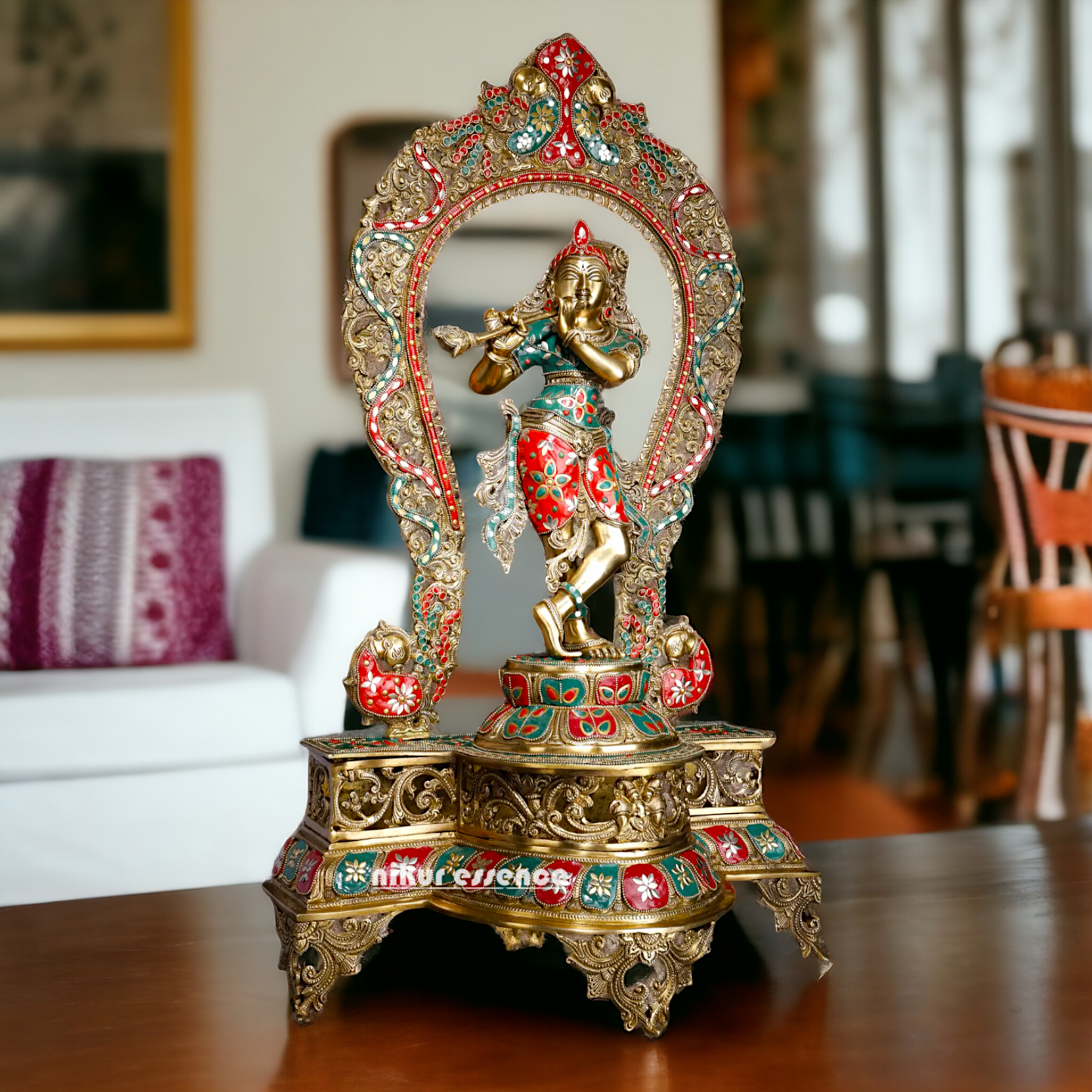 Big Krishna Murli Playing Flute Brass with Stone Work idol - 31 inches Nikuressence