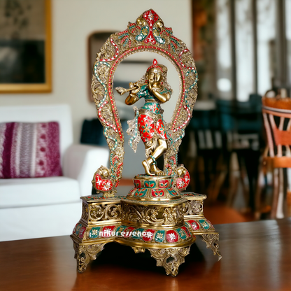 Big Krishna Murli Playing Flute Brass with Stone Work idol - 31 inches Nikuressence