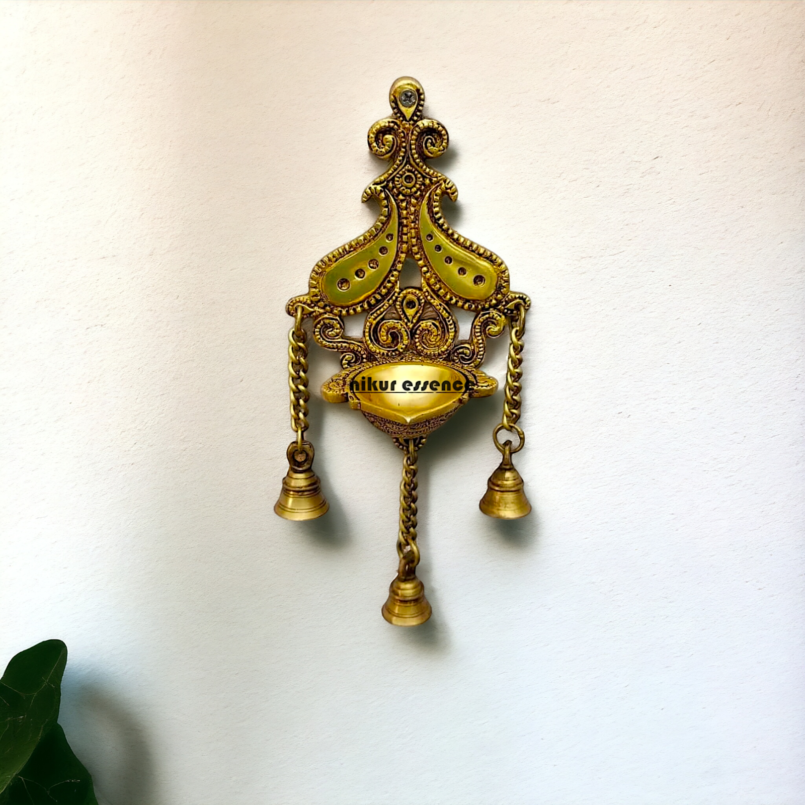 Diya Wall hanging with Bells Brass - 12 inches Nikuressence