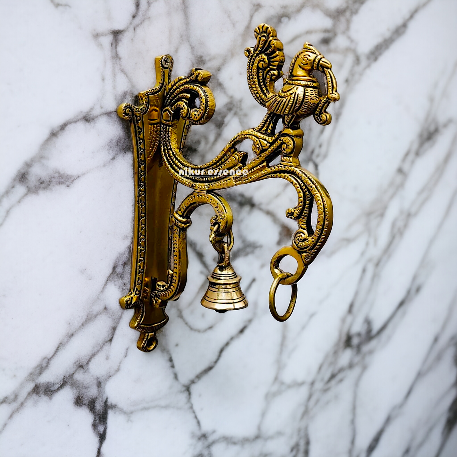 Peacock wall Hanging bracket with Bells Brass - 8.5 inches Nikuressence