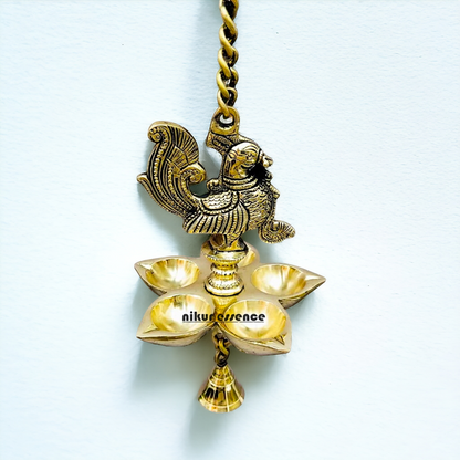 Brass Peacock wall Hanging with five diya and Bell - 25 inches Nikuressence