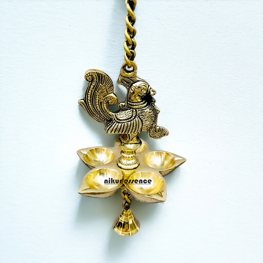 Brass Peacock wall Hanging with five diya and Bell - 25 inches Nikuressence