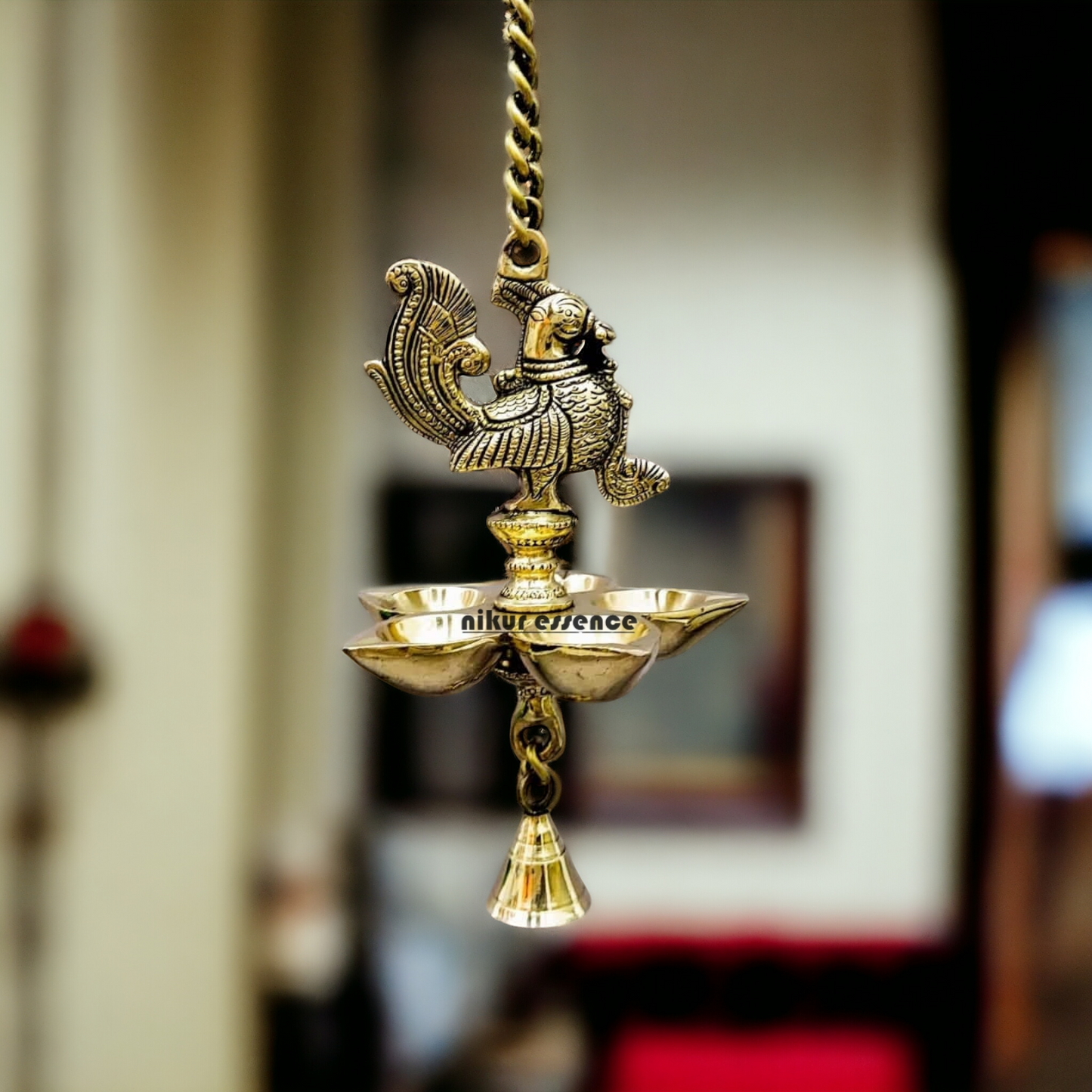 Brass Peacock wall Hanging with five diya and Bell - 25 inches Nikuressence