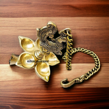 Brass Peacock wall Hanging with five diya and Bell - 25 inches Nikuressence