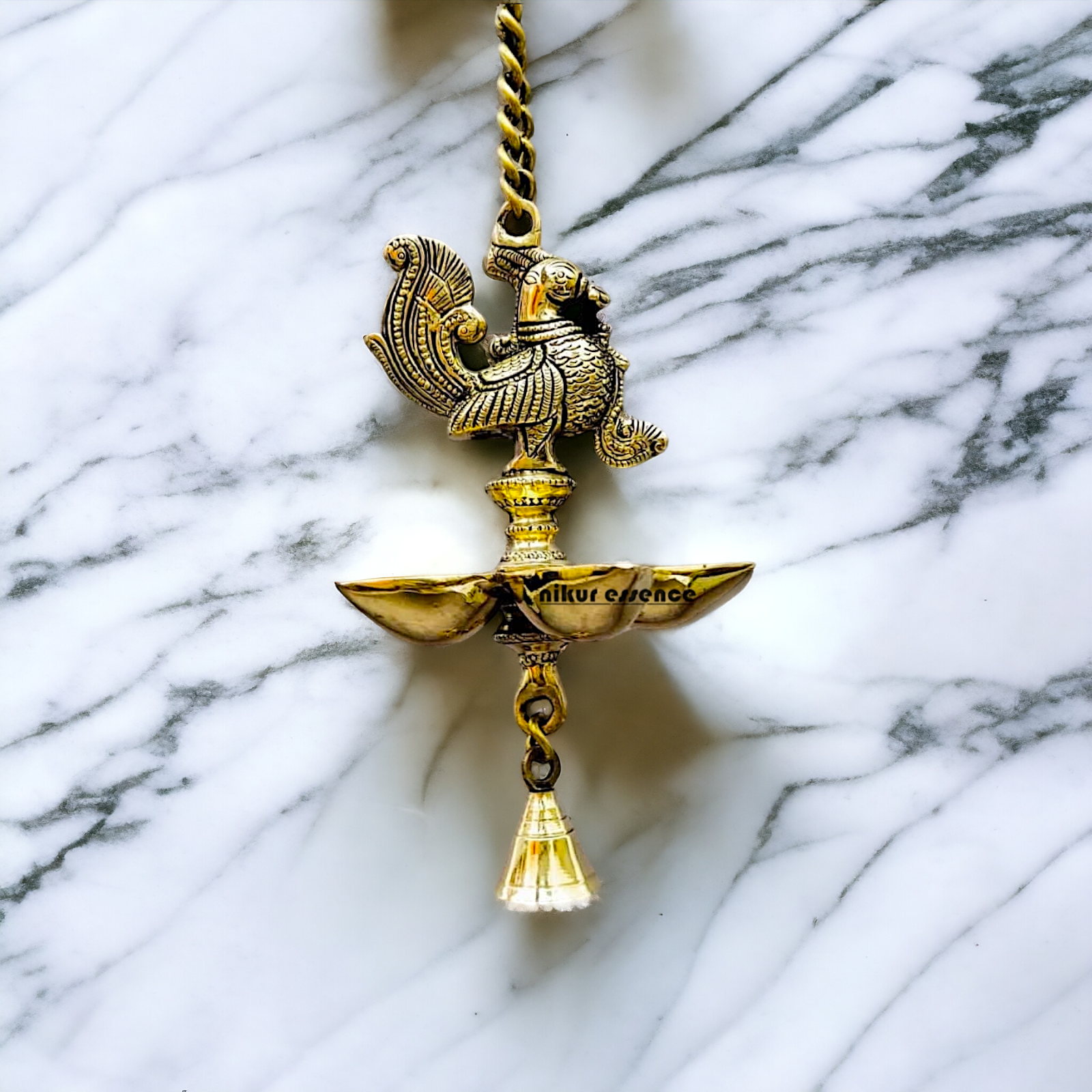 Brass Peacock wall Hanging with five diya and Bell - 25 inches Nikuressence