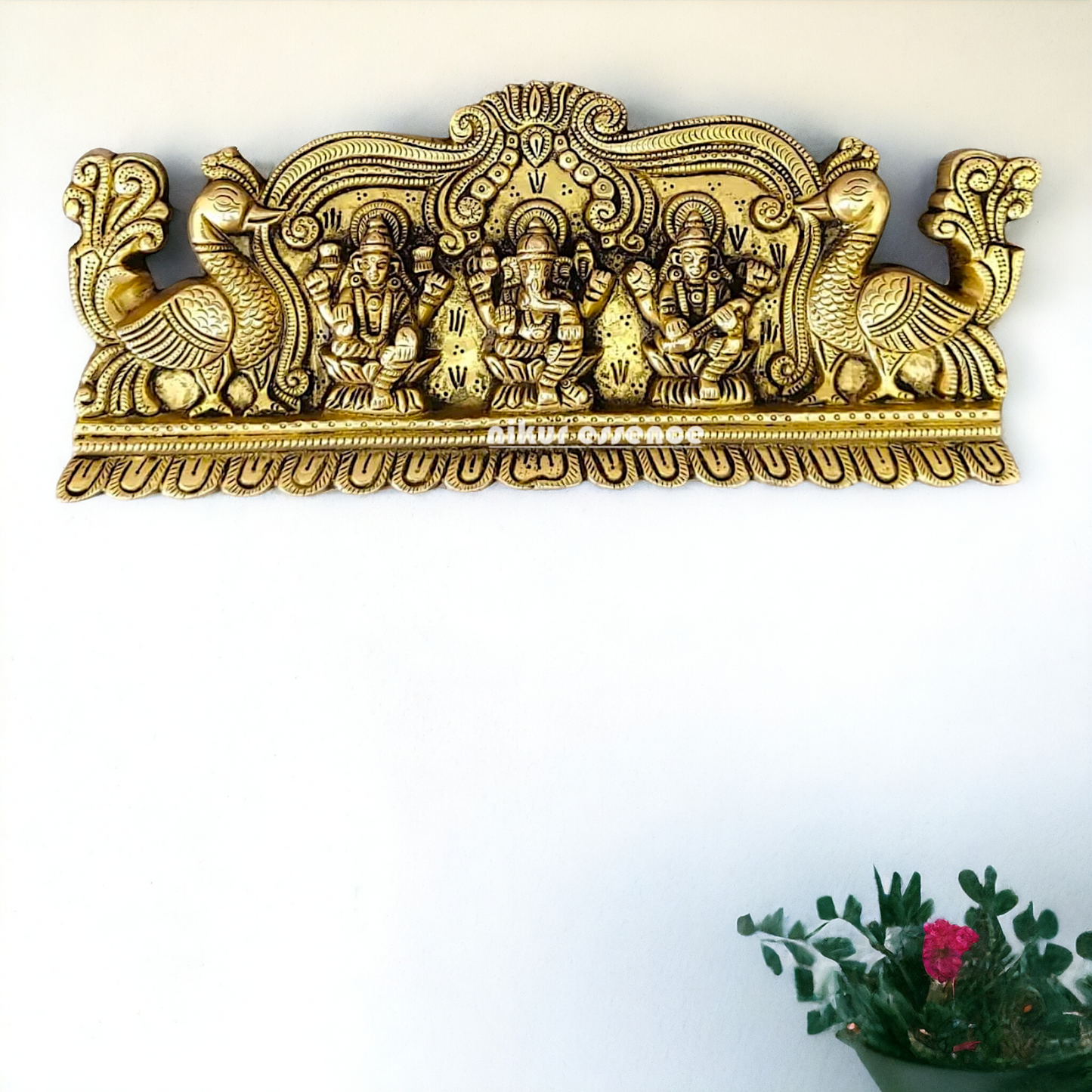 Ganesha Lakshmi Saraswati Wall Hanging Plate Brass Idol - 13 inches Nikuressence