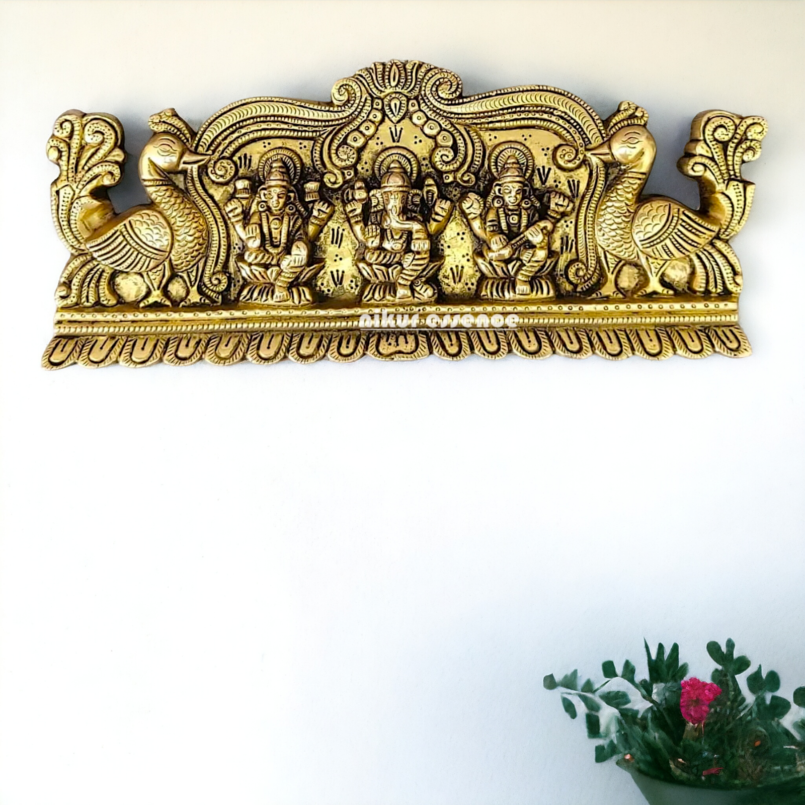 Ganesha Lakshmi Saraswati Wall Hanging Plate Brass Idol - 13 inches Nikuressence