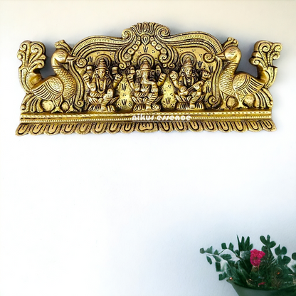 Ganesha Lakshmi Saraswati Wall Hanging Plate Brass Idol - 13 inches Nikuressence