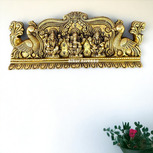 Ganesha Lakshmi Saraswati Wall Hanging Plate Brass Idol - 13 inches Nikuressence