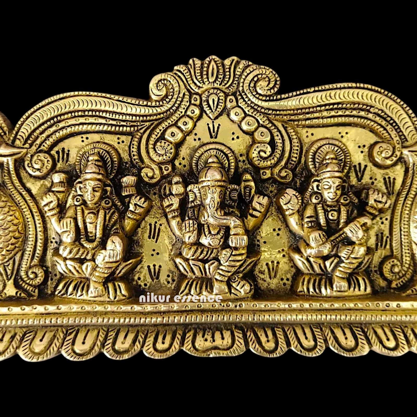 Ganesha Lakshmi Saraswati Wall Hanging Plate Brass Idol - 13 inches Nikuressence