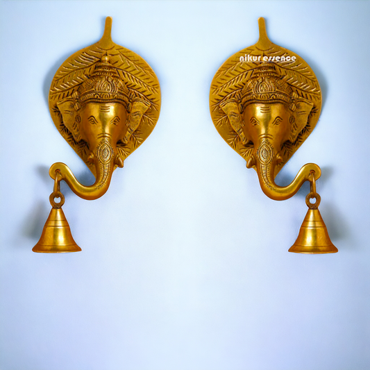 Ganesha on leaf with Bells brass wall hanging idol - 7.5 Inches Nikuressence