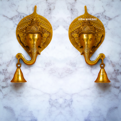 Ganesha on leaf with Bells brass wall hanging idol - 7.5 Inches Nikuressence