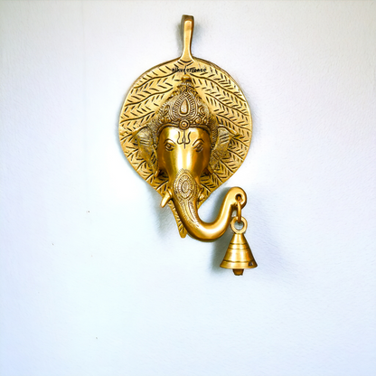 Ganesha on leaf with Bells brass wall hanging idol - 7.5 Inches Nikuressence