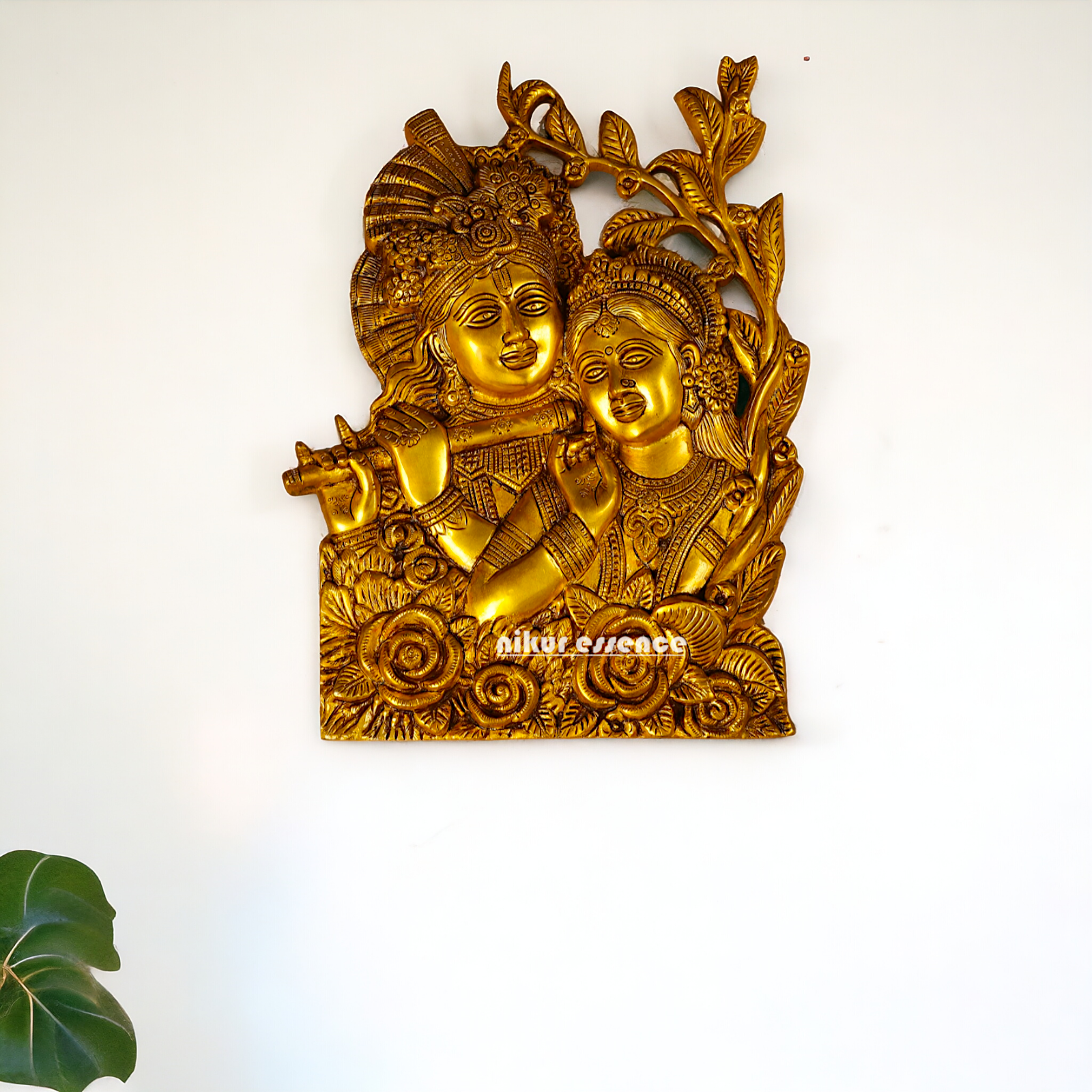 Radha Krishna Solid Brass wall art hanging plate idol - 14 Inches Nikuressence