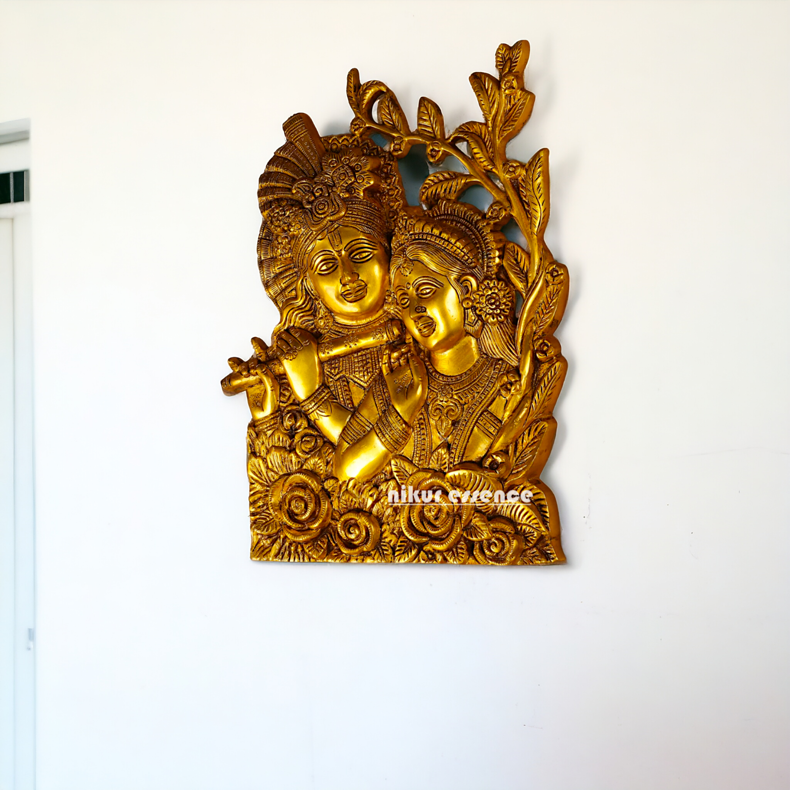 Radha Krishna Solid Brass wall art hanging plate idol - 14 Inches Nikuressence