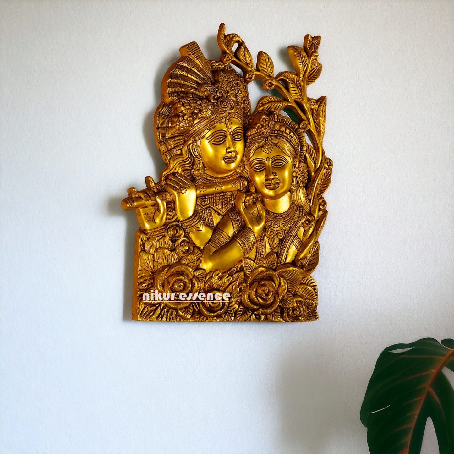 Radha Krishna Solid Brass wall art hanging plate idol - 14 Inches Nikuressence