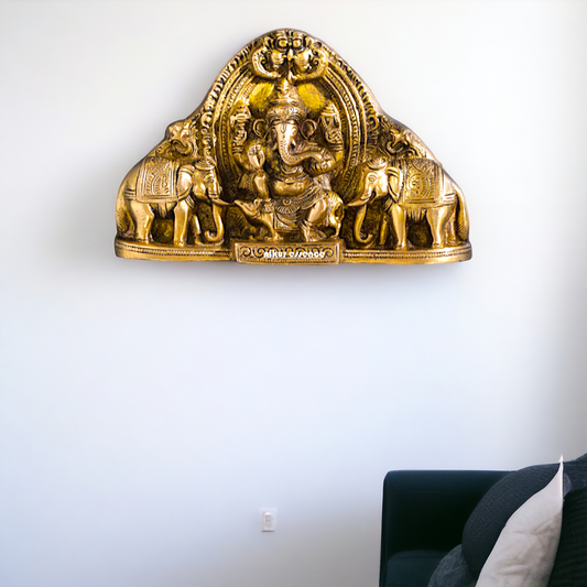 Antique brass Ganesha Lakshmi wall hanging plate idol - 7 Inches Nikuressence