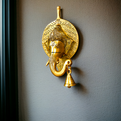 Ganesha Ganpati on leaf with Bell Brass wall hanging plate idol - 8 Inches Nikuressence