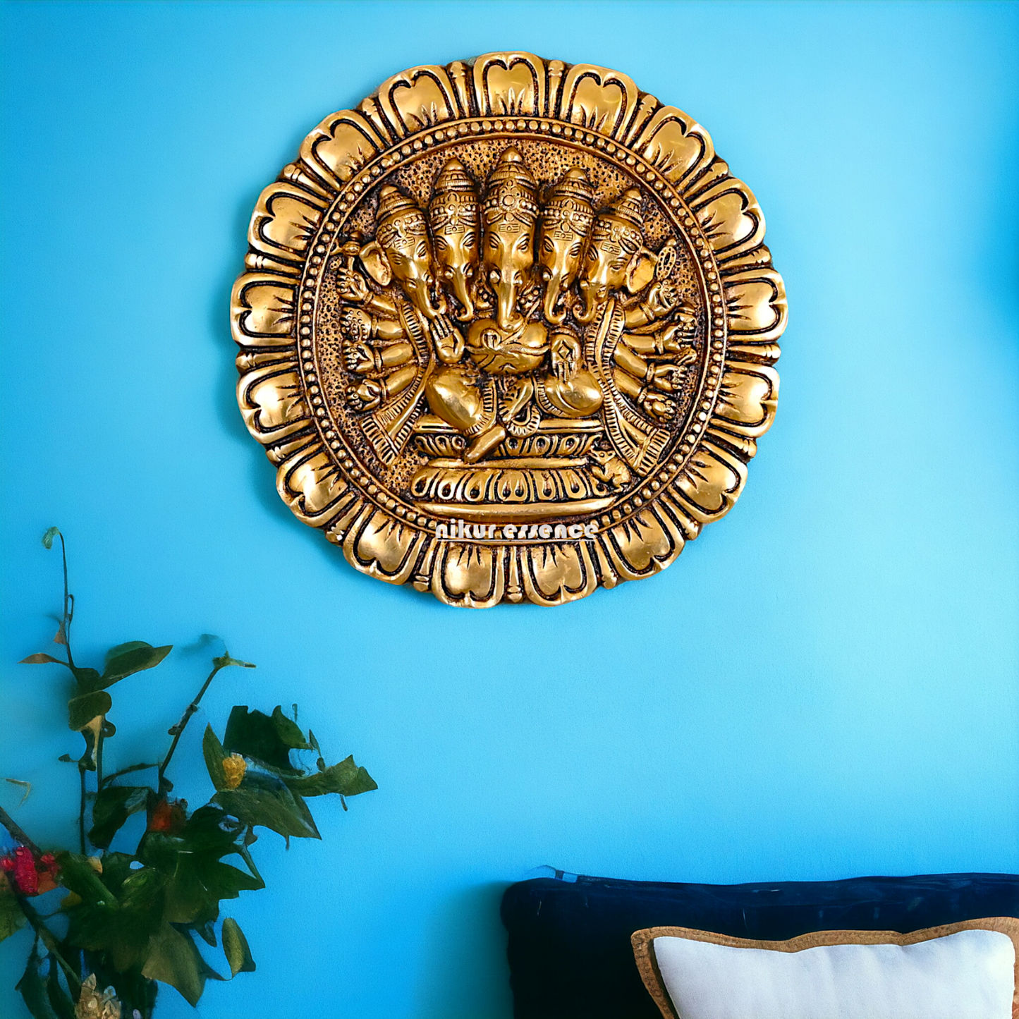 Antique Brass Panchmukhi Ganesha decor wall hanging plate idol- 11.5 inches Nikuressence