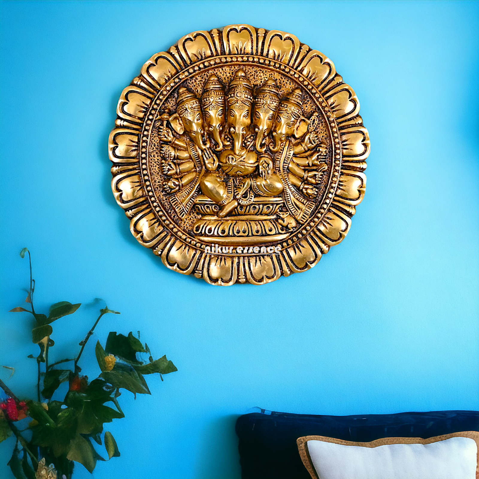 Antique Brass Panchmukhi Ganesha decor wall hanging plate idol- 11.5 inches Nikuressence