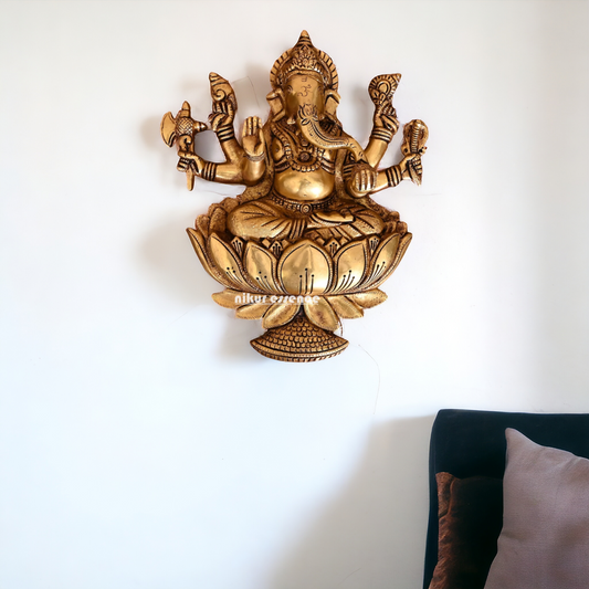 Ganesha seated on lotus Brass wall hanging plate idol- 13 Inches Nikuressence