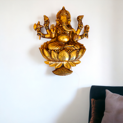 Ganesha seated on lotus Brass wall hanging plate idol- 13 Inches Nikuressence