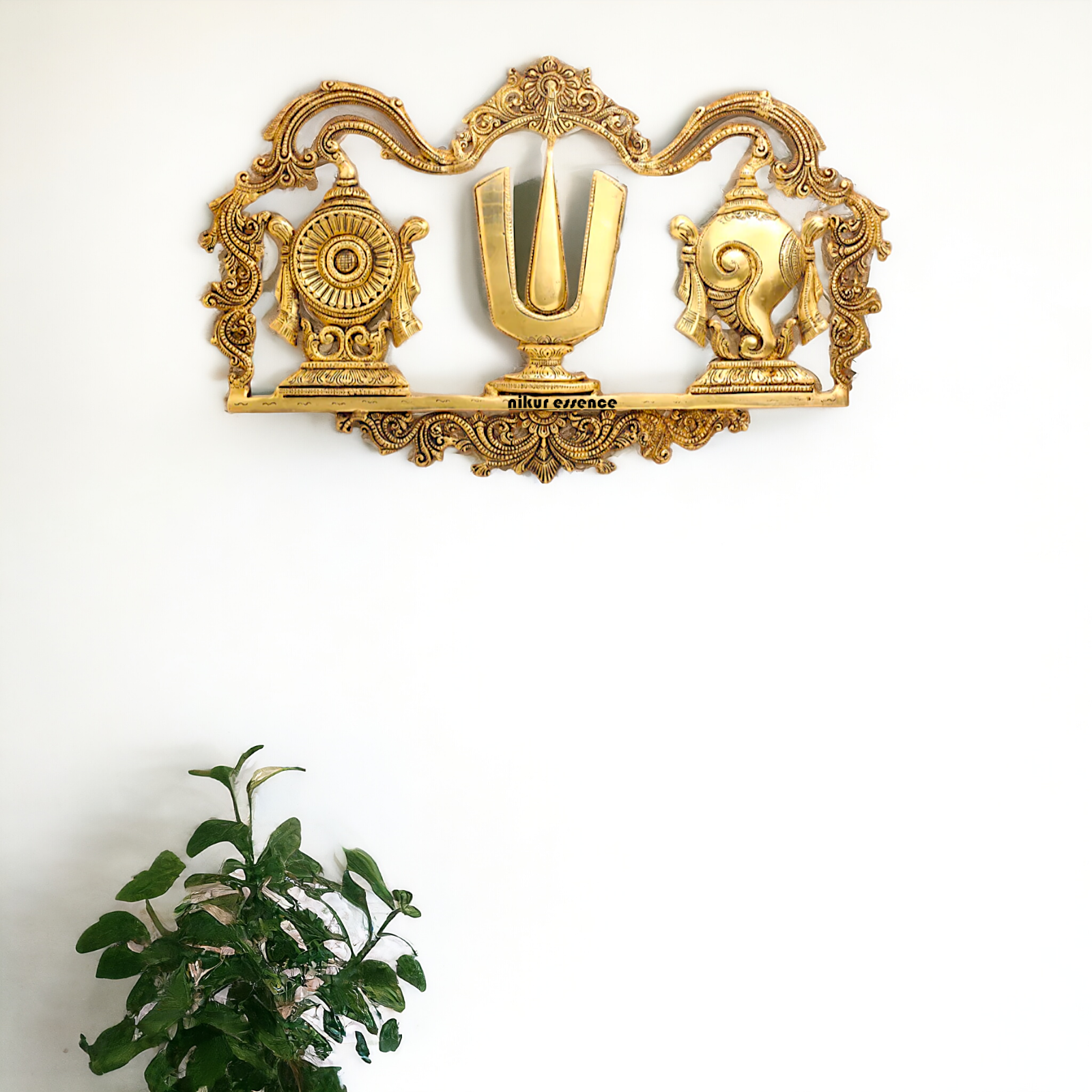 Pure Brass wall Shankh chakra namaha wall hanging plate idol- 13.5 Inches Nikuressence