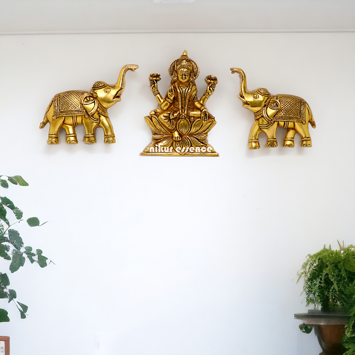 Brass Gaja Lakshmi with two elephants wall Hanging plate - 10 Inches Nikuressence